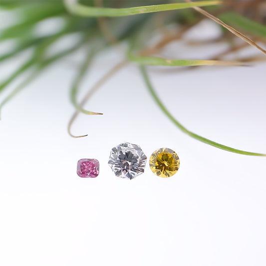 天然ピンクダイヤモンド Fancy Vivid Purplish Pink、Dカラー八角形ダイヤモンド、天然イエローダイヤモンド Fancy Vivid Yellowのルース